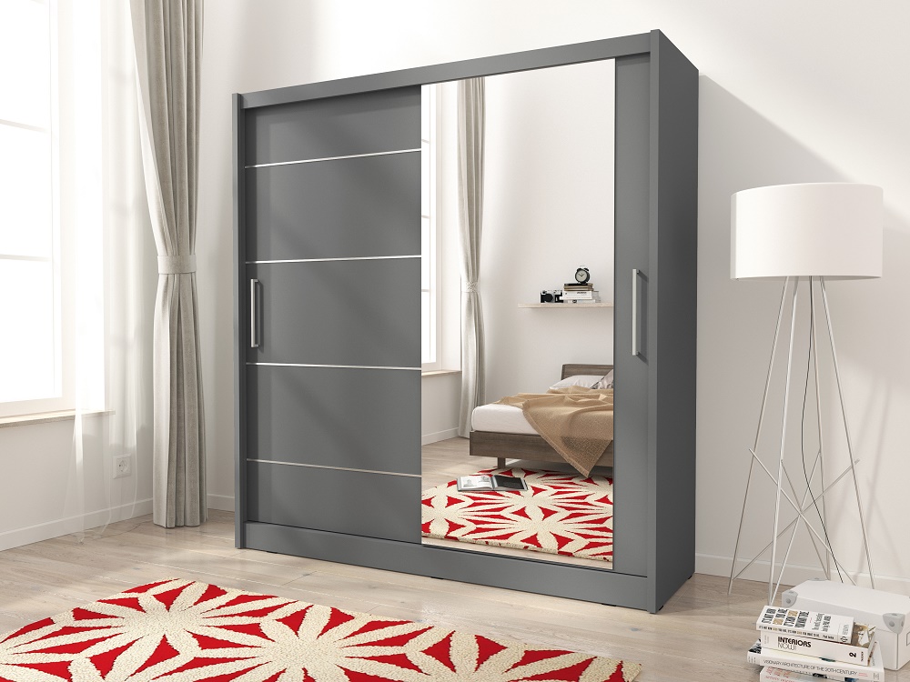 Large grey store wardrobe with mirror